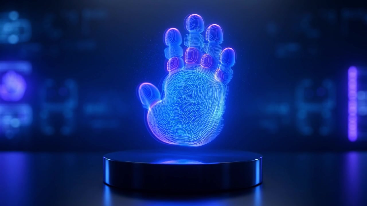 Digital Holographic Hand with Fingerprint Rotating on Display