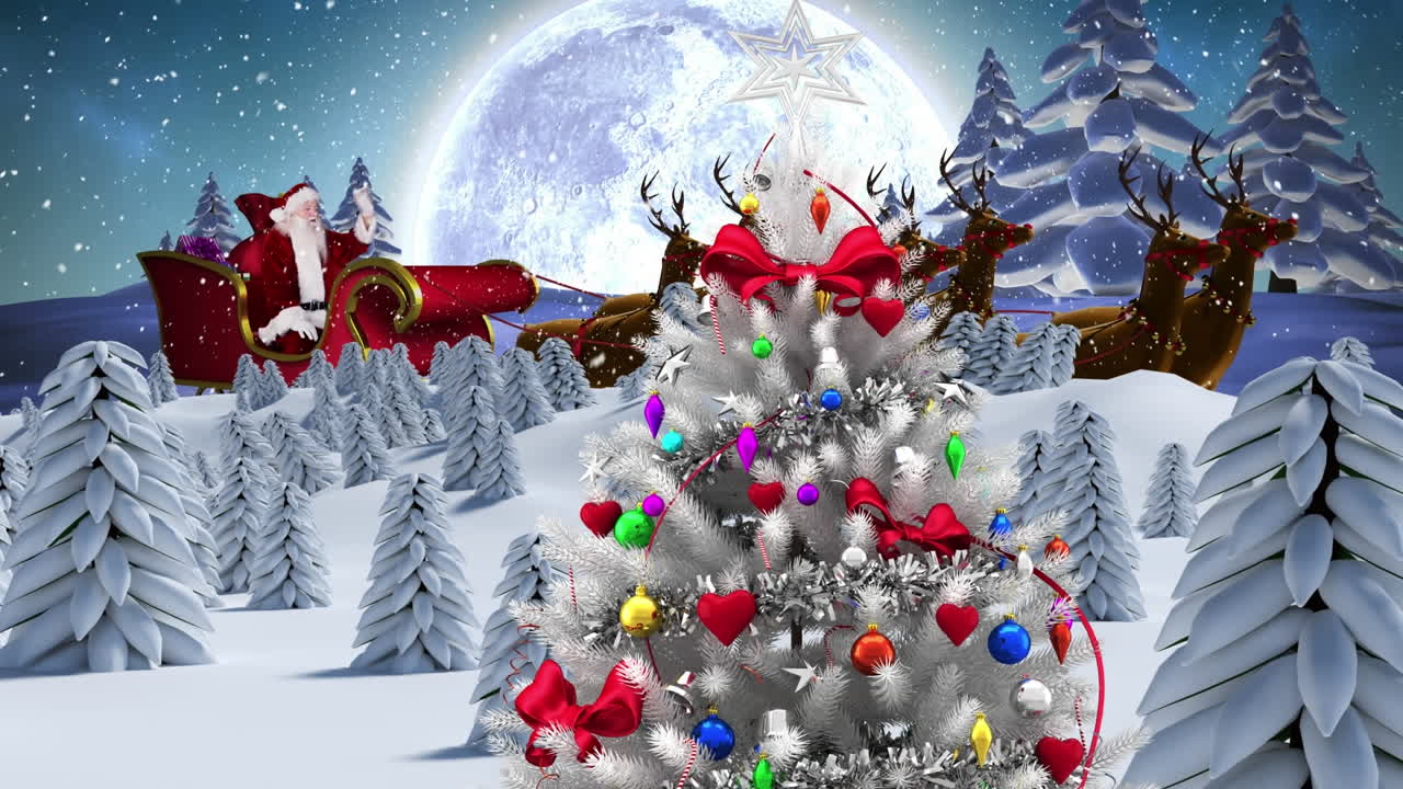 겨울 풍경 위에 사과 함께 매에 산타클로스와 함께 크리스마스 트리의 애니메이션