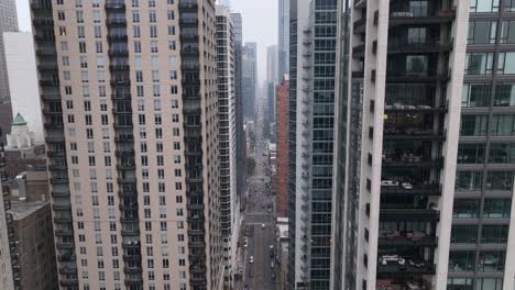 high aerial shot above city street in america