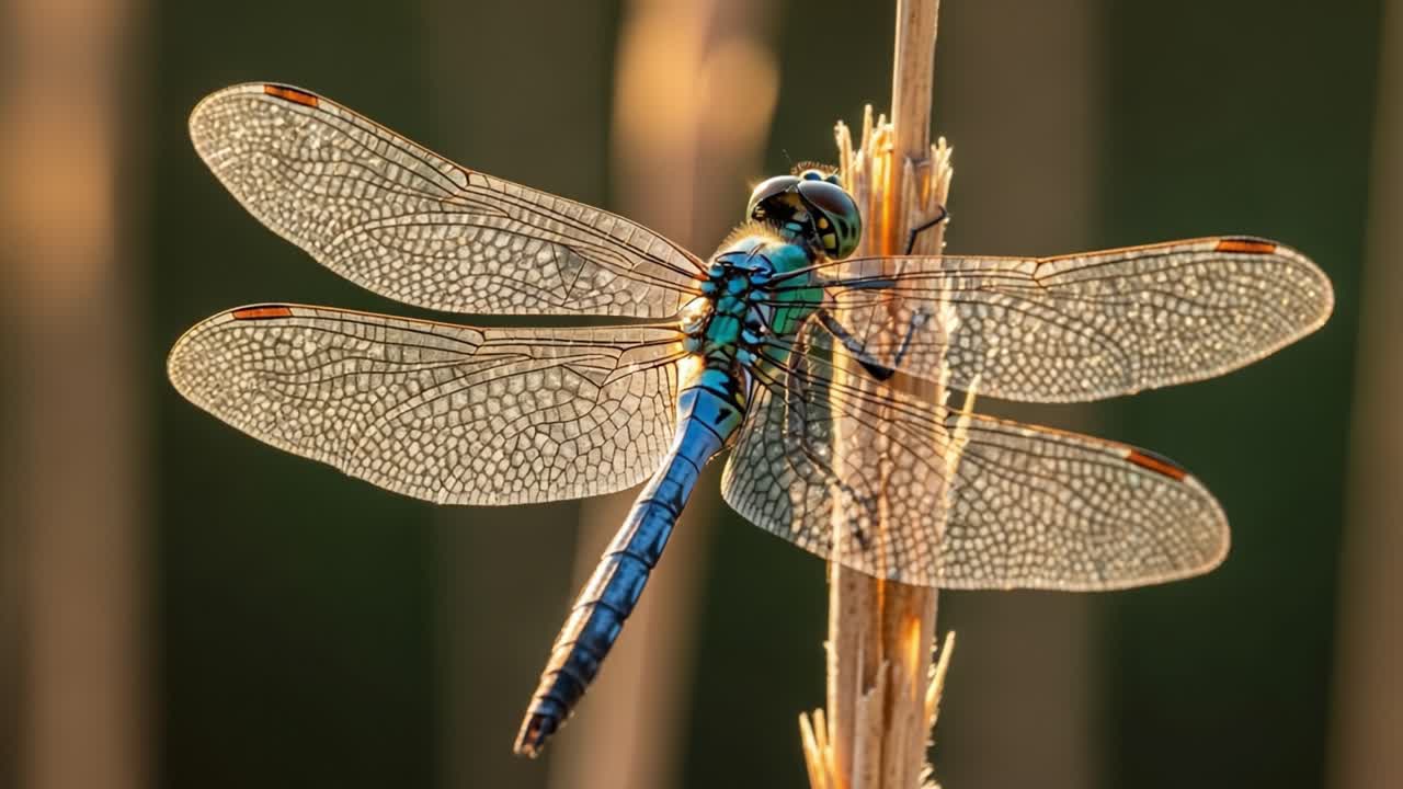 A Stunning Close-Up of a Blue Dragonfly Perched on a Leaf, Showcasing Its Intricate Wing Patterns and Vivid Colors Against a Soft Background