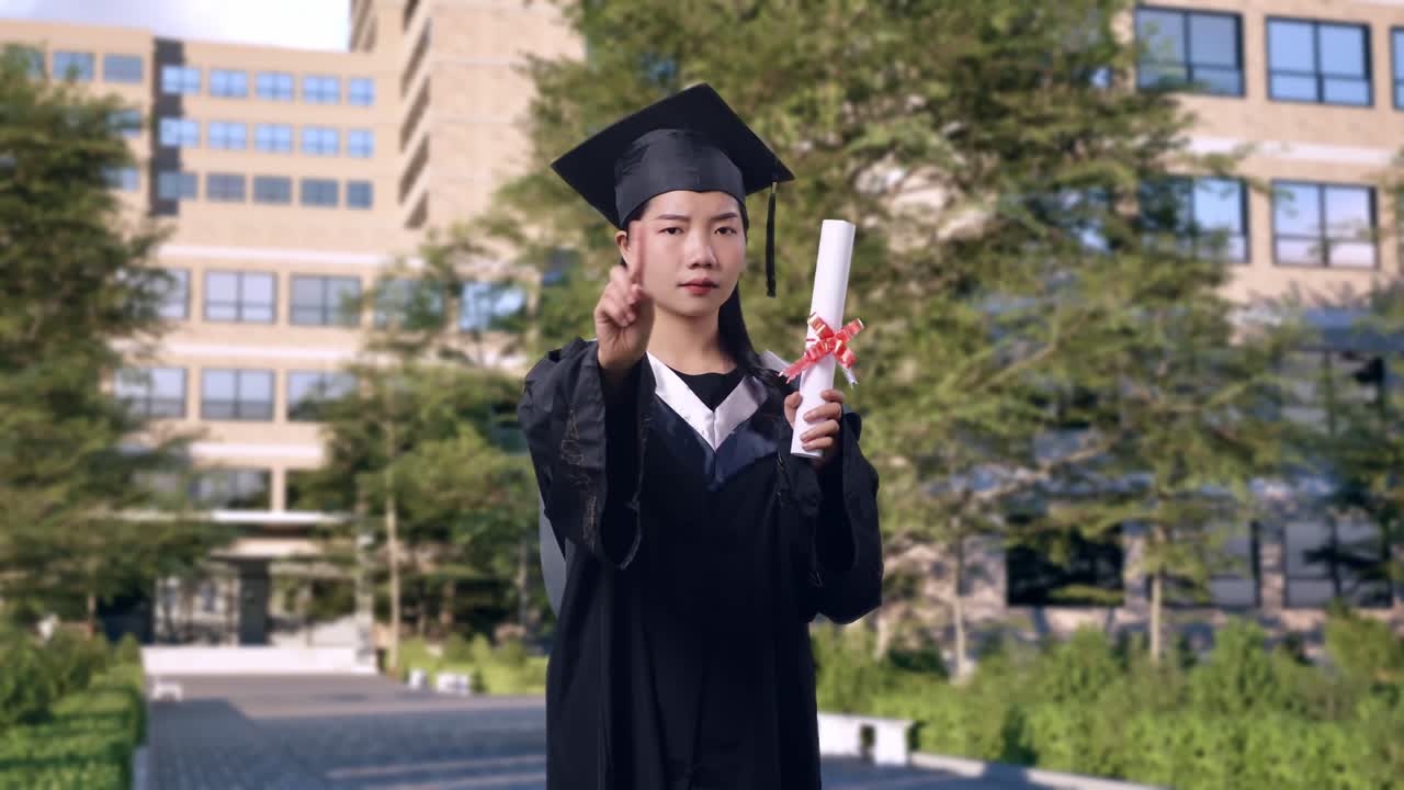 Asian Woman Student Graduates In Cap And Gown With Diploma Shaking Head And Disapproving With No Index Finger Sign In Front Of A Magnificent University Building