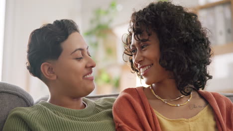 lgbtq couple, lesbian and women on sofa in home