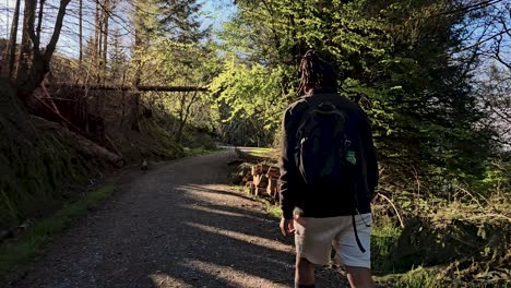 a guy walking in a forest path trail during a sunny day of autumn