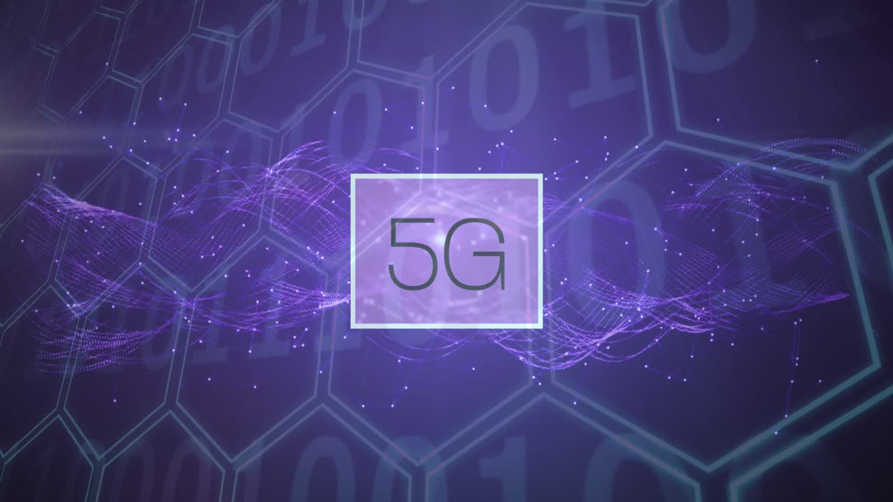 Animation of 5g text over binary coding and purple hexagons
