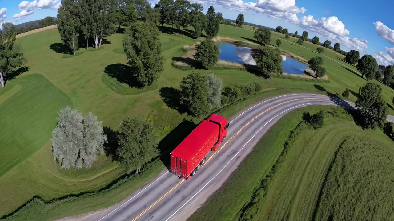 Luftoptagelse af en rød lastbil på en snoet vej gennem frodige grønne marker og træer