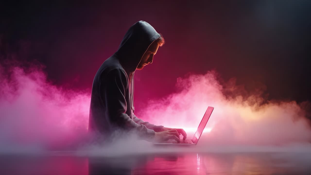 A Mysterious Figure in a Hoodie Engages with a Laptop Surrounded by Colorful Smoke, Emanating an Air of Intrigue and Digital Exploration in a Dreamlike Setting