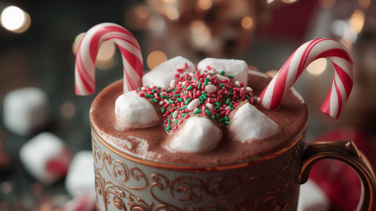 Zooming camera focusing on ornate ceramic mug on holiday table showcasing chocolate details