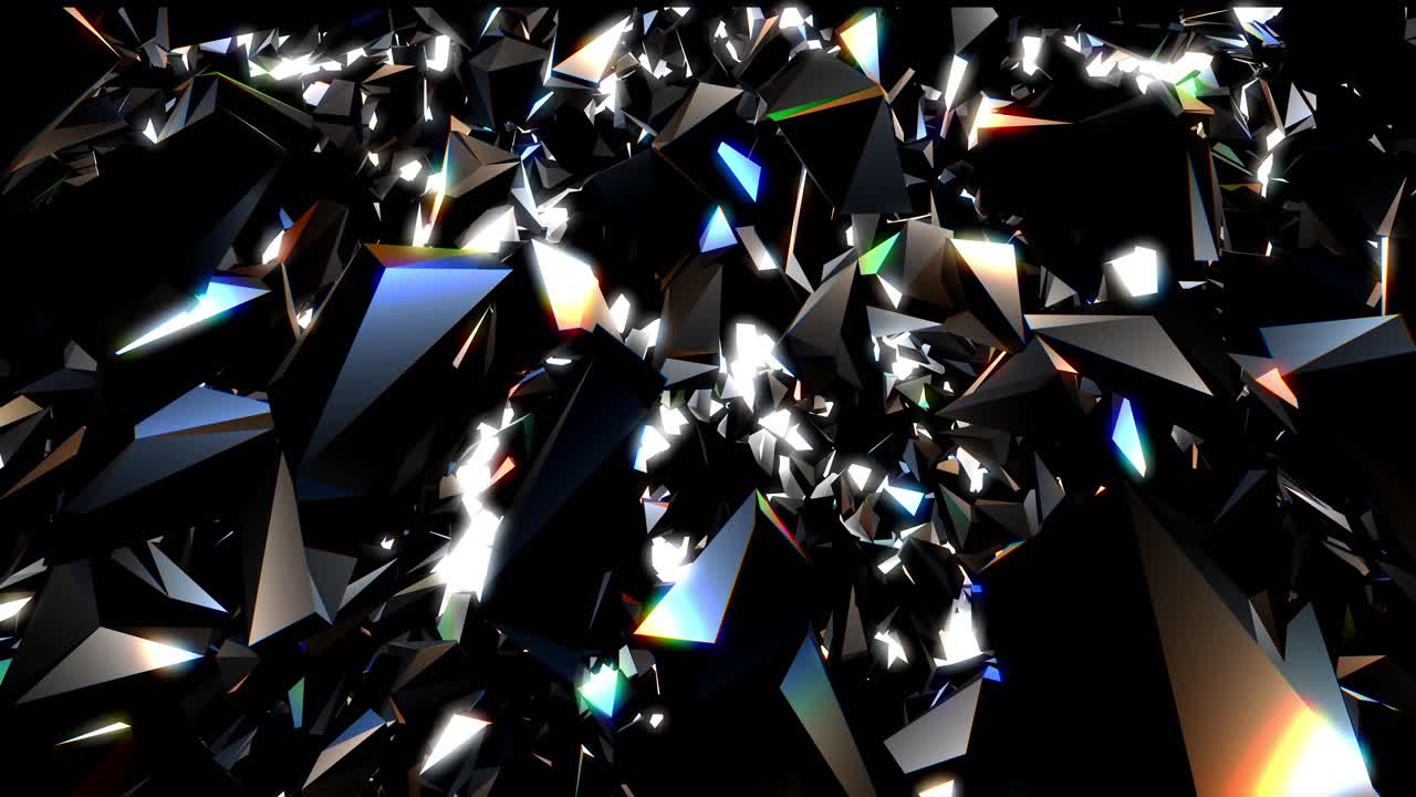 Fragmentos de Cristal Geométricos Abstratos Refletindo Luz Colorida em Fundo Escuro