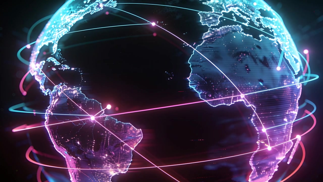 Rotating neon globe in void revealing Atlantic and Africa on pulse, with rings and moving nodes