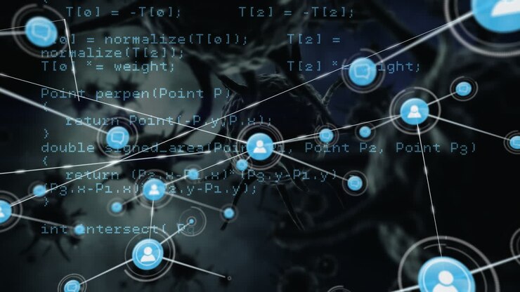 Network of profile icons and data processing against multiple covid-19 cells on blue background