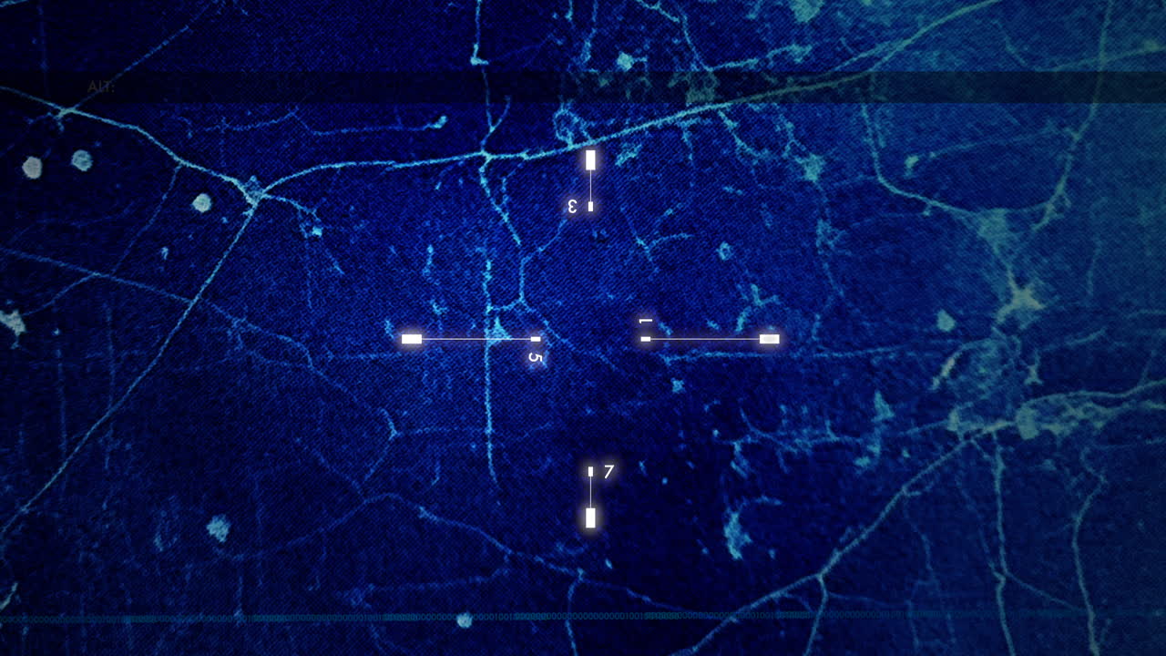 Futuristic blue interface with animated scanning target and drone tracking graphics. Ideal for cybersecurity, AI systems and advanced technology visuals
