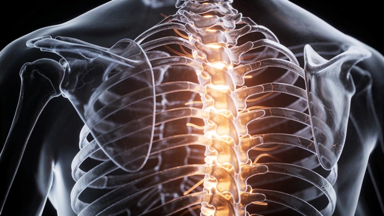 Animating translucent torso bones pulsing amber thoracic spine on dark backdrop, ribcage for study