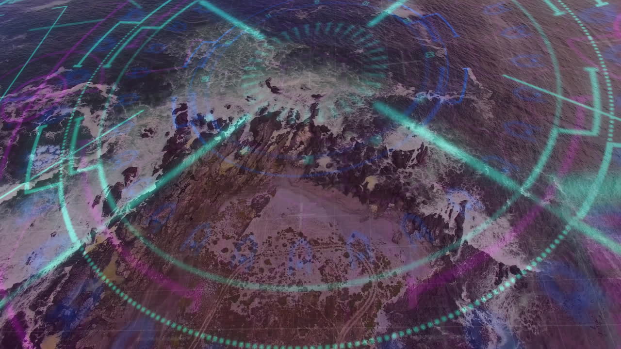 Animating digital radar over aerial view of mountainous terrain