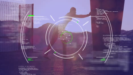 animación de interfaz digital sobre hombre afroamericano entrenando al aire libre, estirándose en el sol