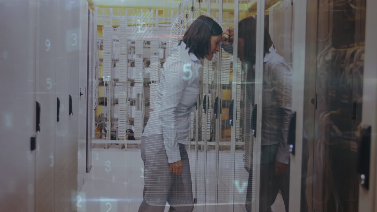 animación del procesamiento de datos sobre una trabajadora biracial en la sala de servidores