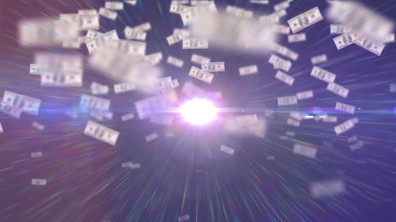 어두운 회색 배경에 중앙 스포트라이트와 함께 상승하는 달러 지폐의 애니메이션