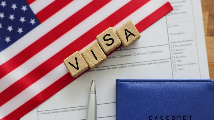 US Visa Application with Passport and American Flag