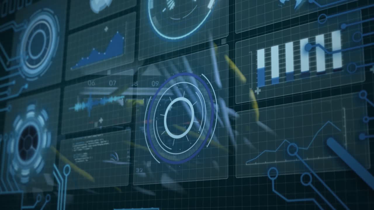 Animation of digital interface and data processing over server room