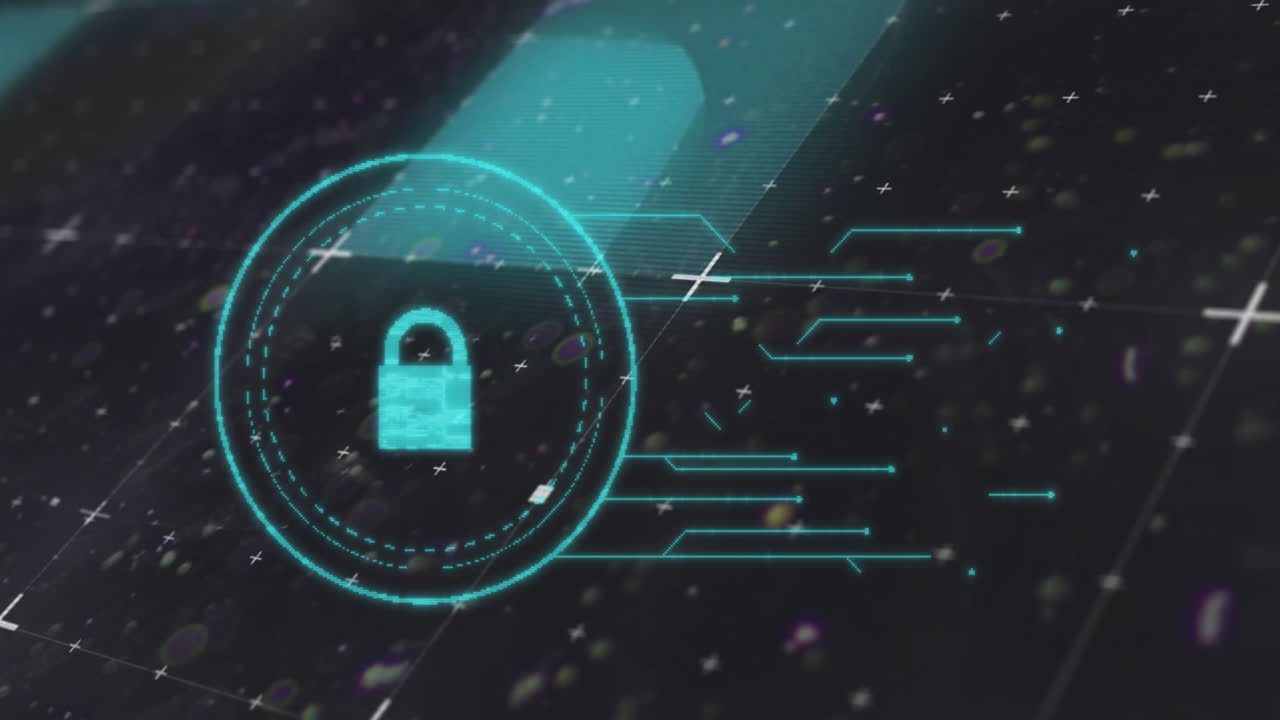 rastros de luz sobre el icono del candado de seguridad contra partículas blancas en fondo negro