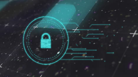 light trails over security padlock icon against white particles on black background