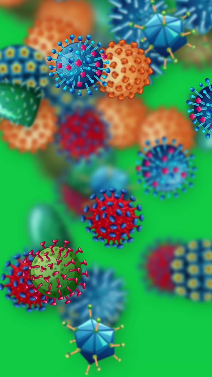 3D animated microscopic virus particles fall vertically against a green background with shallow depth field.