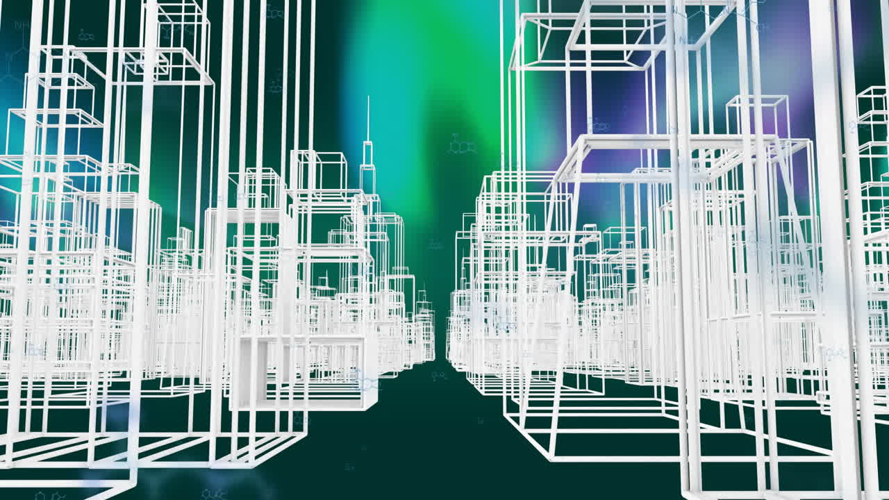 White wireframe cityscape animation over green aurora background