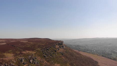 drone bamford edge flying static shot and rising of bamford edge tourist attraction in the peak district on a sunny day shot in 4k