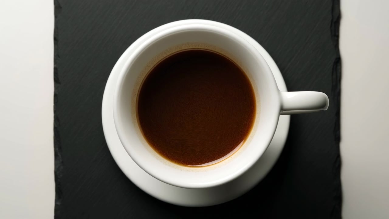 Vista superior vertical mostrando xícara de cerâmica branca e pires combinando com café escuro em porta-copos retangular de ardósia preta sobre mesa clara, luz suave, estilo neutro e calmo, contraste rico