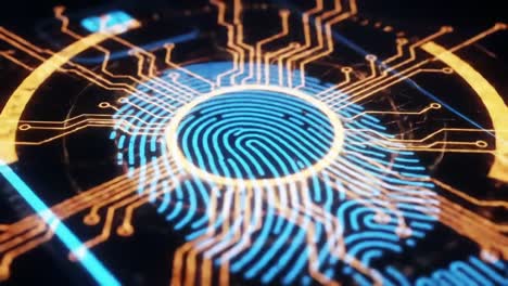 futuristic fingerprint scanner displays evolving patterns and circuits, showcasing advanced biometric technology with a high-tech aesthetic