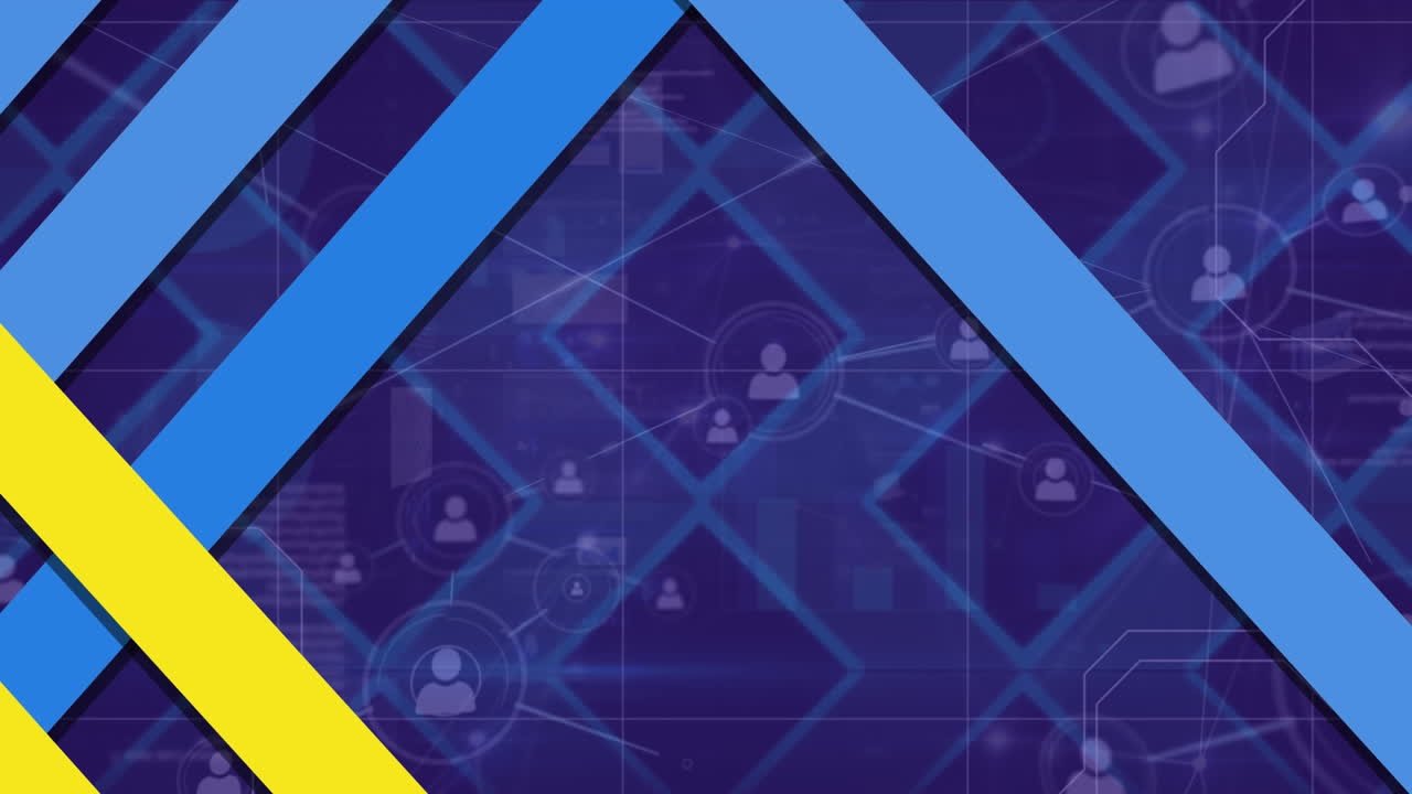 animación de formas geométricas coloridas sobre una red de conexiones en fondo púrpura