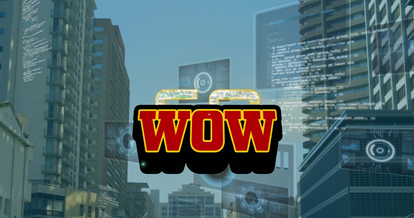 Animation of wow text and data processing over cityscape
