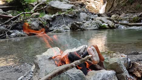 Person cook sausages on wooden stick on bonfire with river and waterfall in background