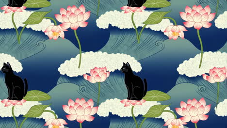 seamless pattern of black cats on lotus flowers and stylized waves