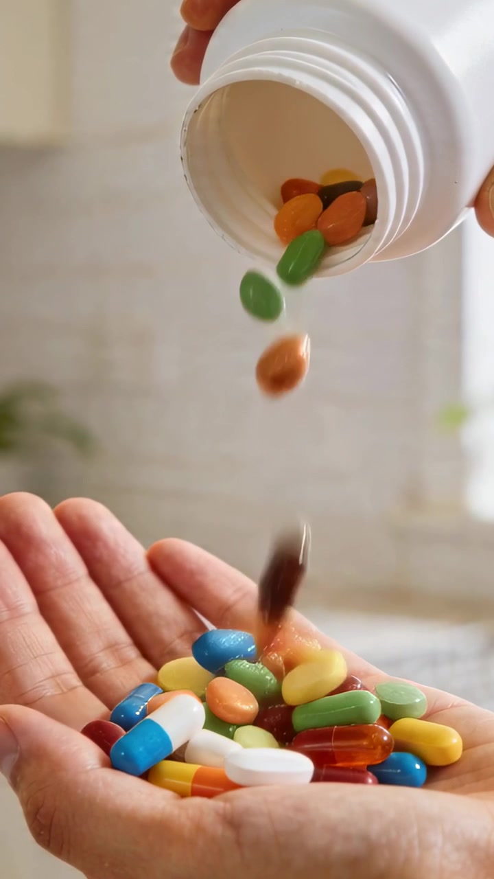 Vertical video: Tilting pill bottle, hands catching capsules, tablets filling palm in kitchen