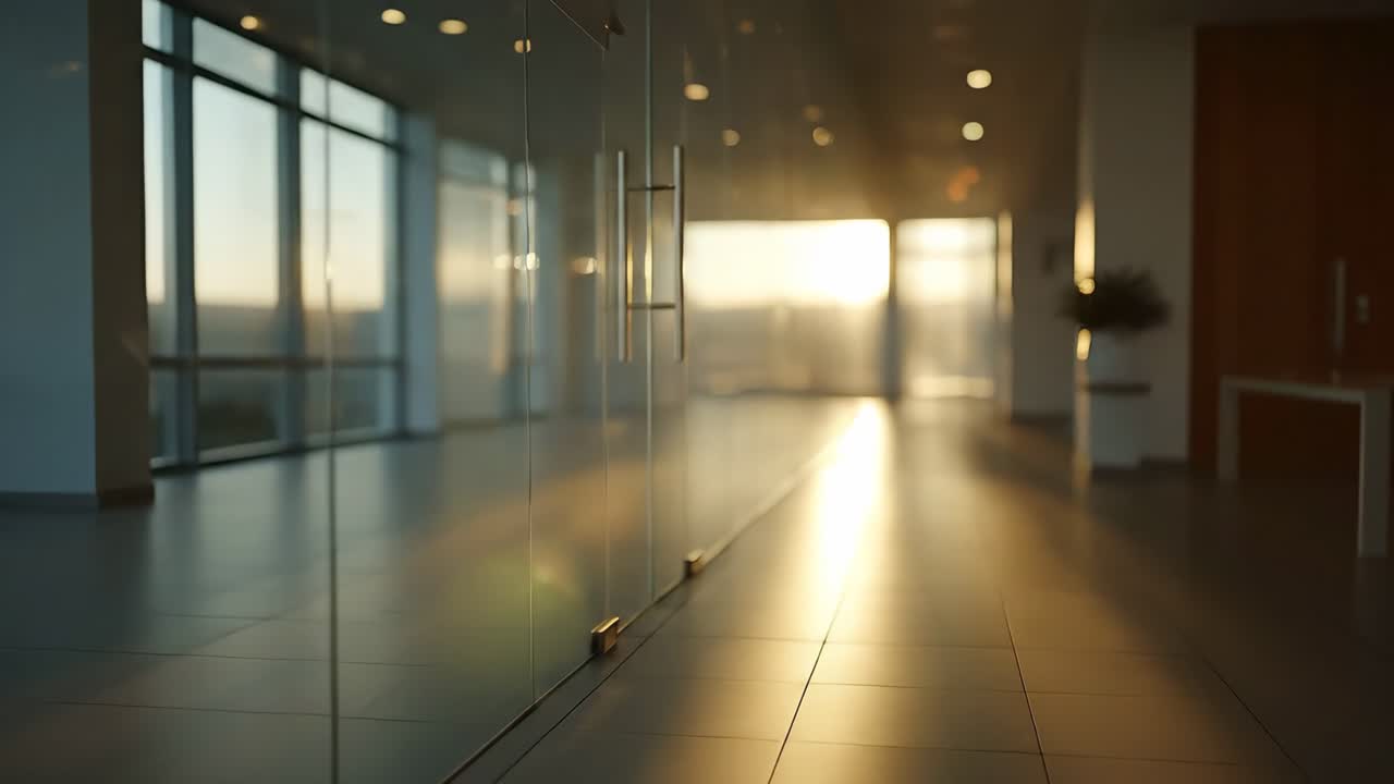 Pasillo de oficina moderno con paredes de cristal