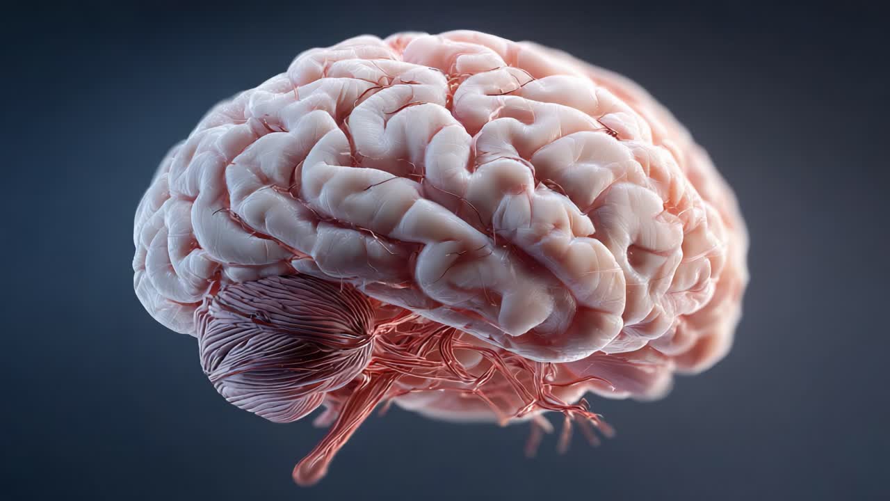 Detailed 3D Representation of the Human Brain, Showcasing Neural Structures and Connective Tissue for Educational and Scientific Purposes