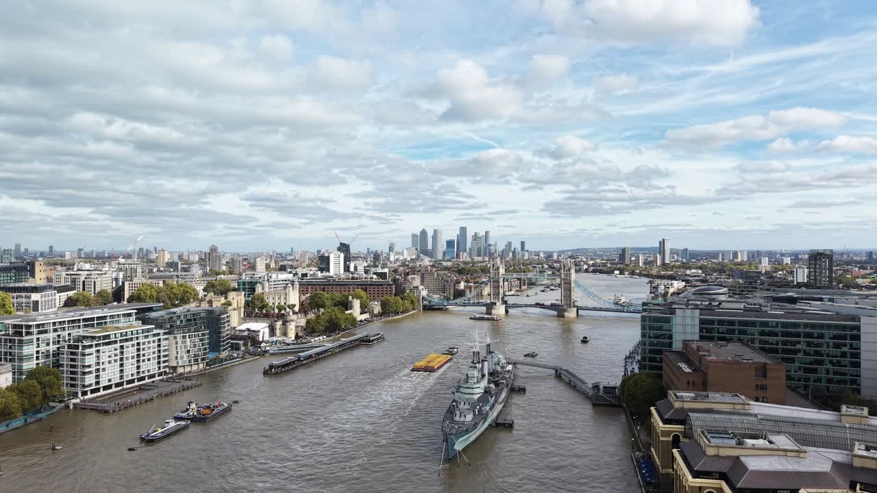 River Thames Tower bridge and HMS Belfast London UK drone,aerial 4K footage