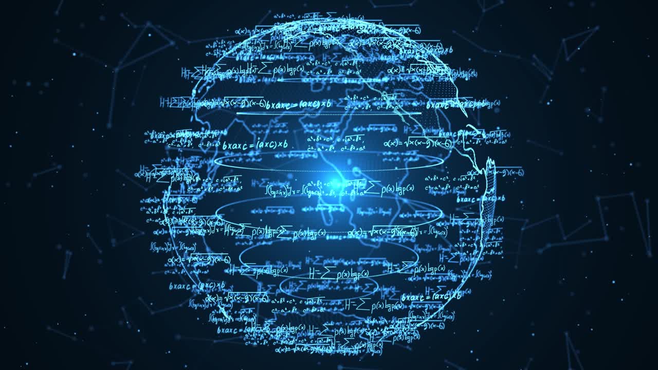 la cámara vuela a través de fórmulas matemáticas blancas sobre un fondo negro.