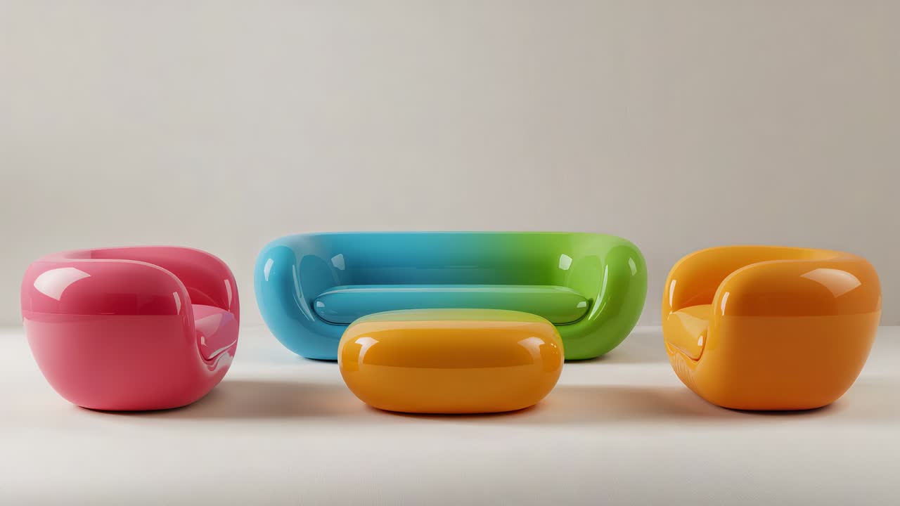 Allontanamento della camera per rivelare una sedia rosa, un divano color petrolio, una sedia arancione, un pouf per aggiungere spazio nello studio