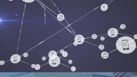 Animation of network of connections with icons on dark blue background