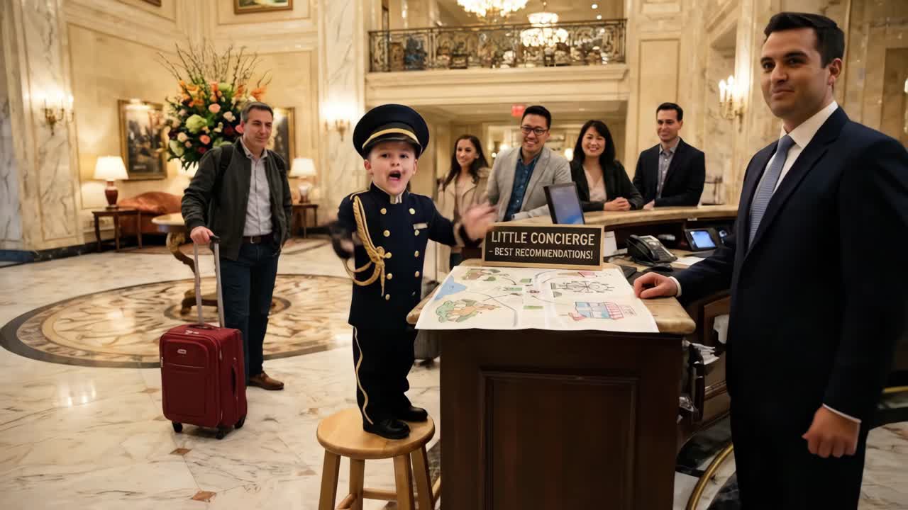 Giovane fattorino che dà consigli alla reception dell'hotel