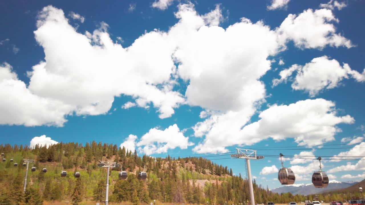 Wide panning shot of a Rocky Mountain gondola in the summer