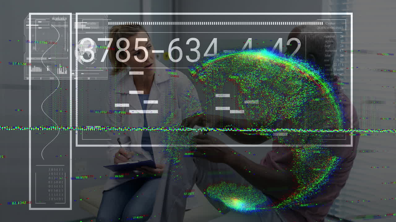Medical consultation with digital data and world map animation overlay