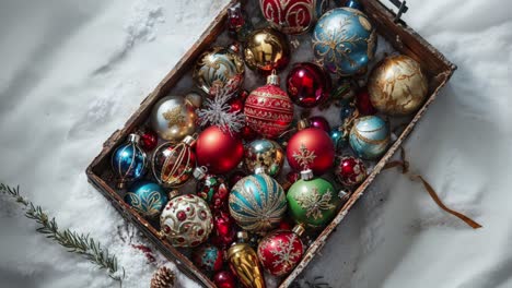 adornos navideños antiguos en cajas de madera