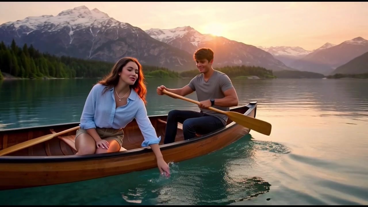 Cặp đôi trẻ chèo thuyền kayak trên hồ núi thanh bình lúc hoàng hôn