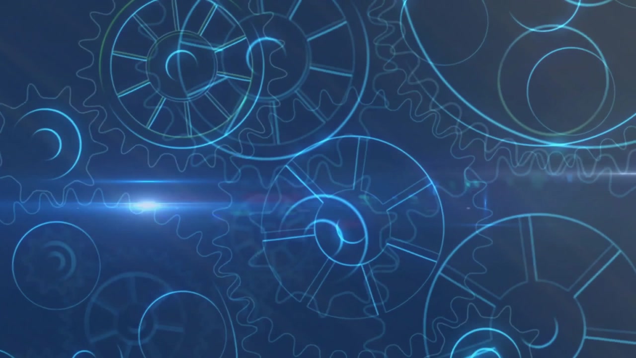 Rotating gears and cogs animation on blue background, mechanical movement