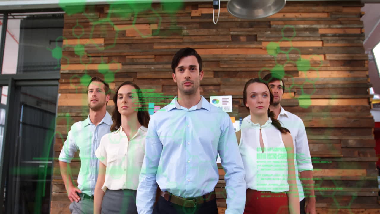 Office professionals demonstrating tech data in modern office, with floating green hexagon graphics