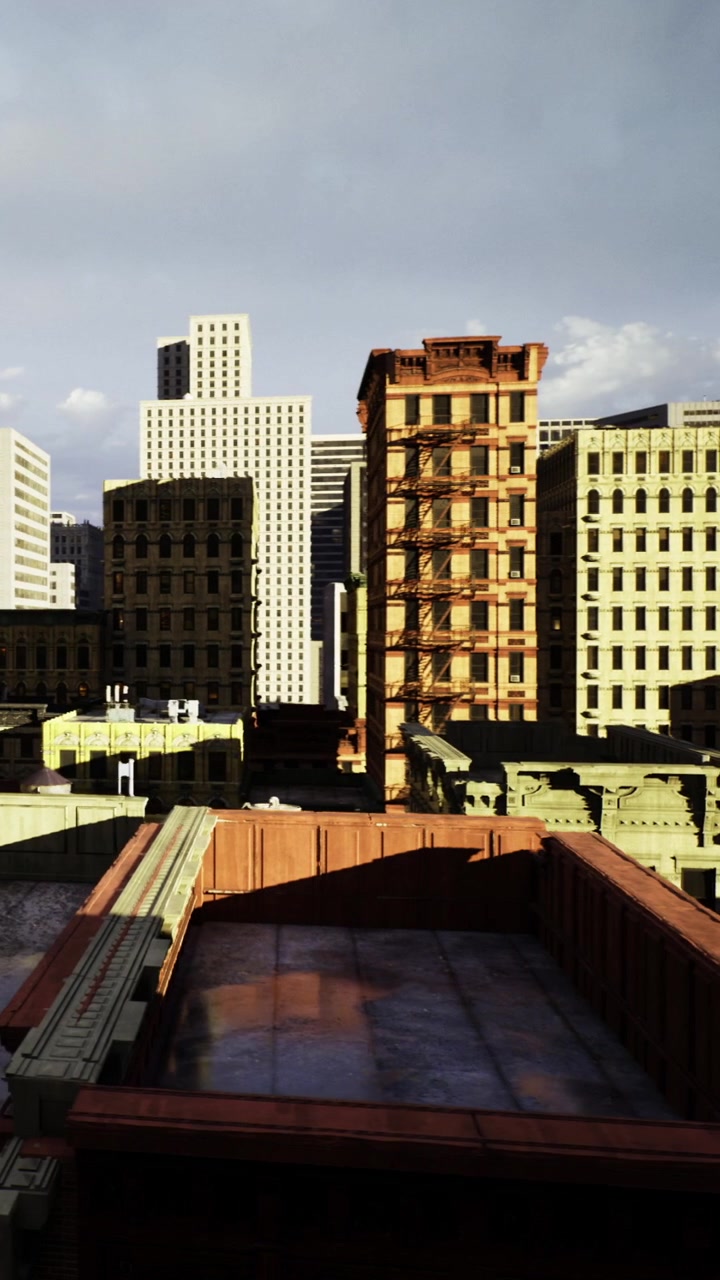 Vista de edifícios e horizonte da cidade com sombras em área urbana.
