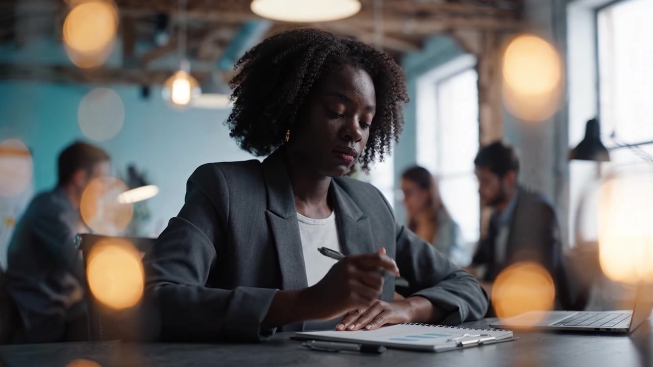Professional woman deep in thought at her workplace, showcasing focus and determination in a modern office environment with colleagues collaborating in the background.