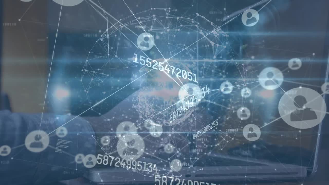 노트북을 사용하는 백인 남자의 손 위에 아이콘으로 연결된 애니메이션